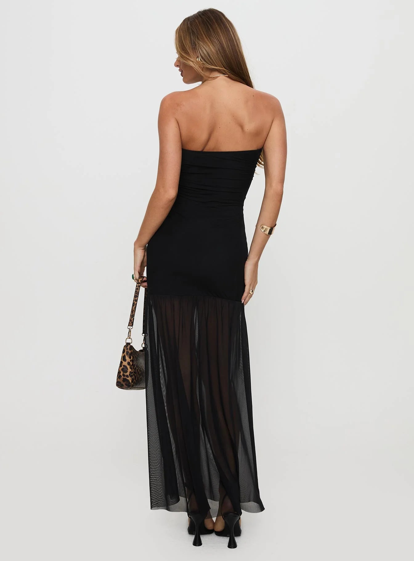 Black Strapless Ruched Mesh Panel Bodycon Maxi Evening Dresses