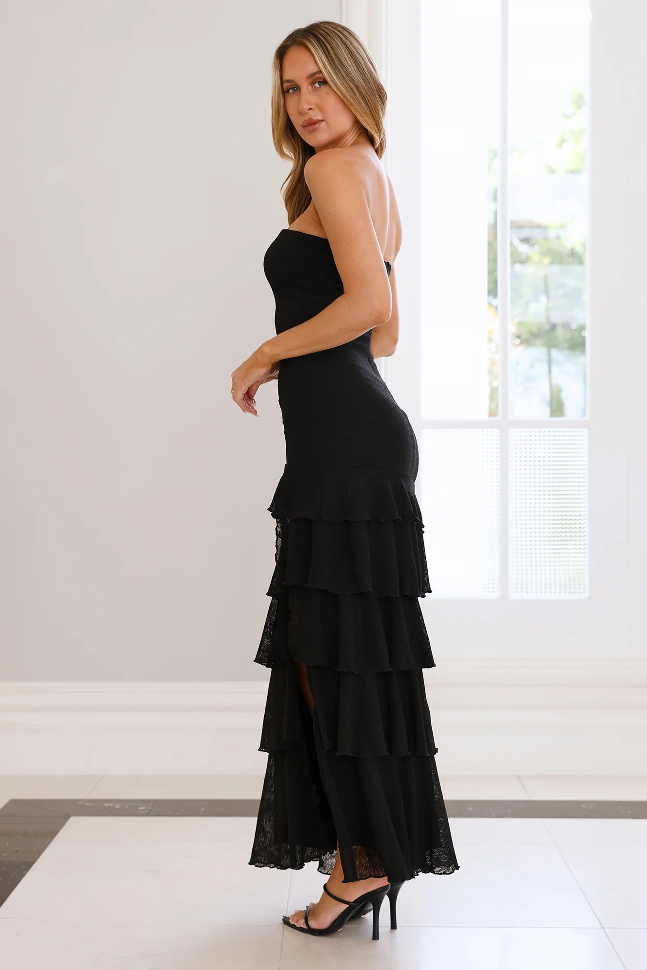 Black Strapless Ruched Ruffle Tiered Slit Maxi Evening Dresses