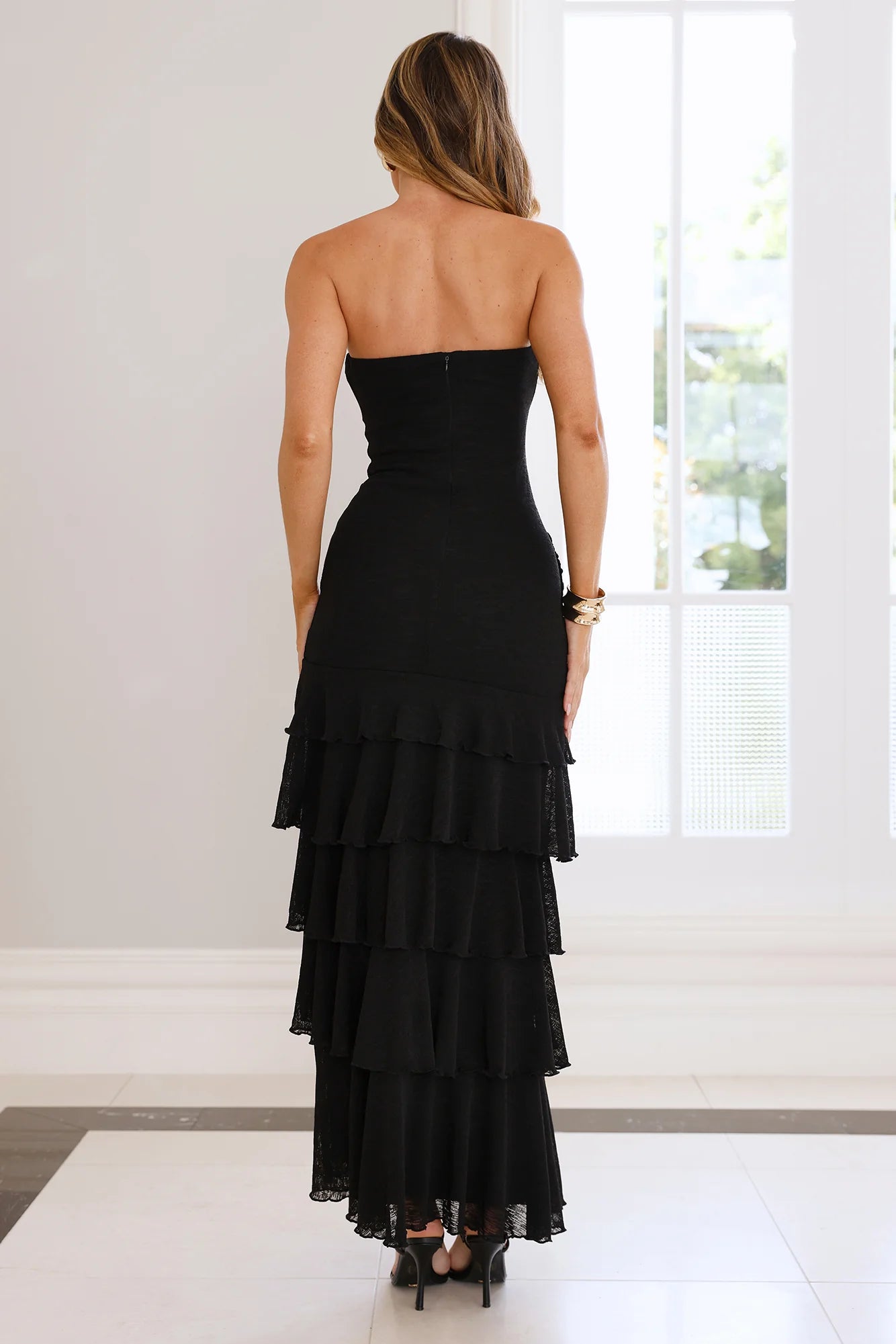 Black Strapless Ruched Ruffle Tiered Slit Maxi Evening Dresses