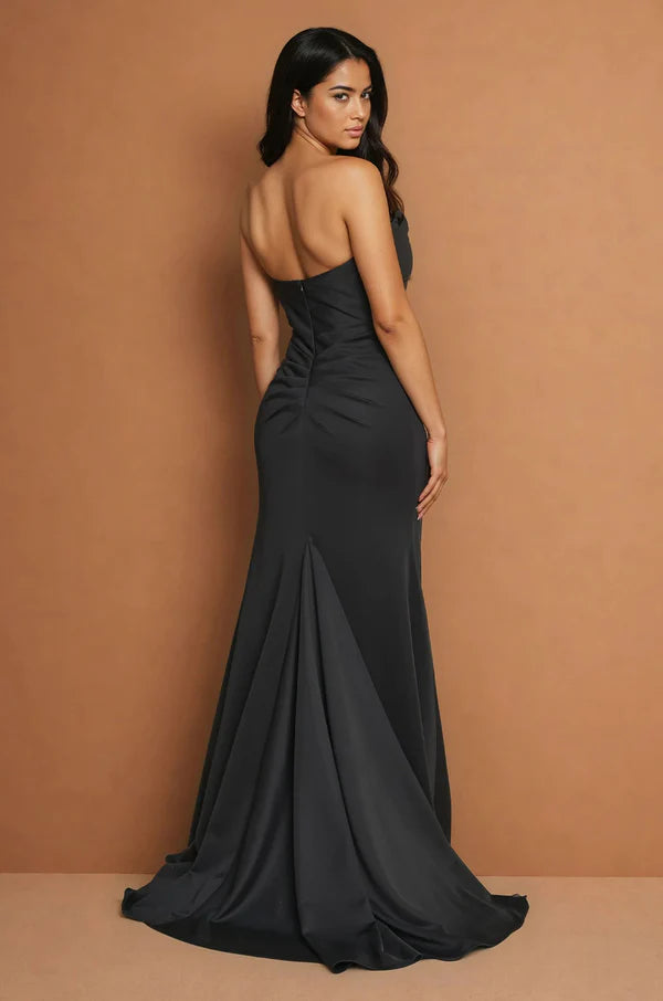 Black Strapless Ruffle Detail Slit Train Maxi Evening Dresses
