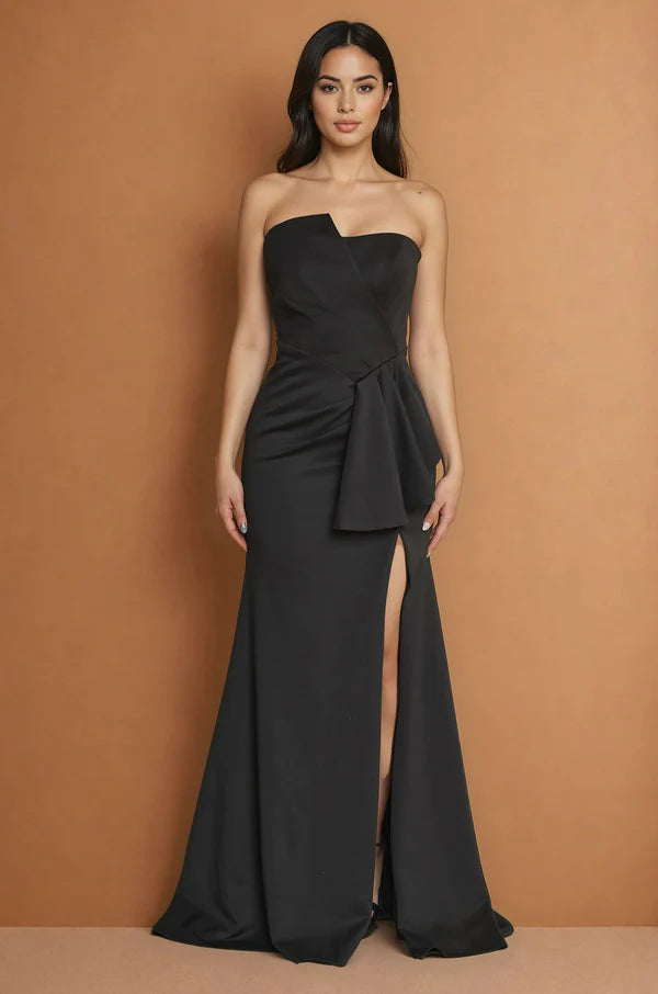 Black Strapless Ruffle Detail Slit Train Maxi Evening Dresses
