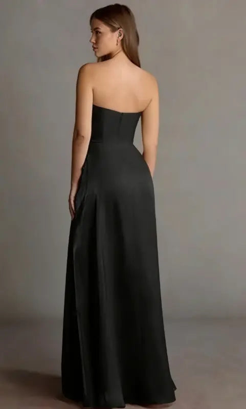 Black Strapless Ruffle High Slit Satin Evening Dresses