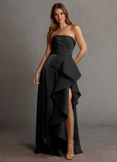 Black Strapless Ruffle High Slit Satin Evening Dresses