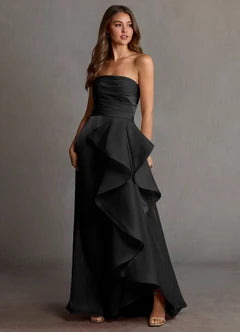 Black Strapless Ruffle High Slit Satin Evening Dresses