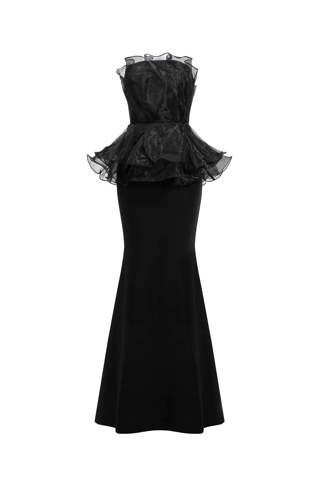 Black Strapless Ruffle Tulle Peplum Mermaid Maxi Evening Dresses