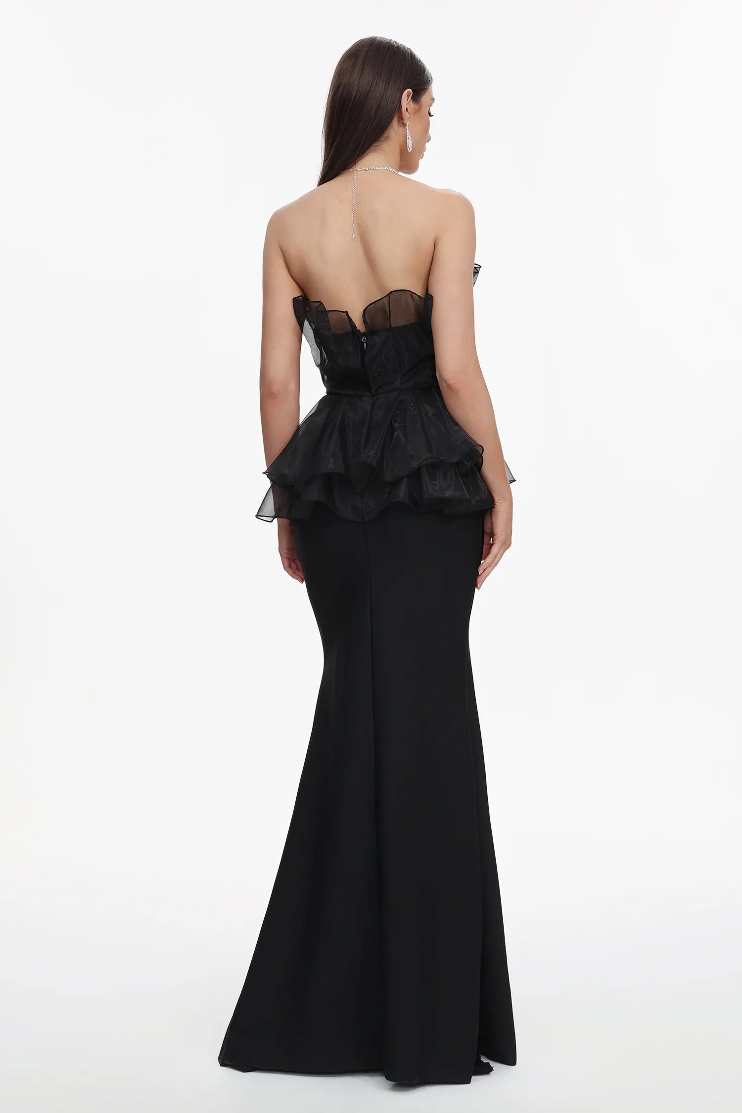 Black Strapless Ruffle Tulle Peplum Mermaid Maxi Evening Dresses