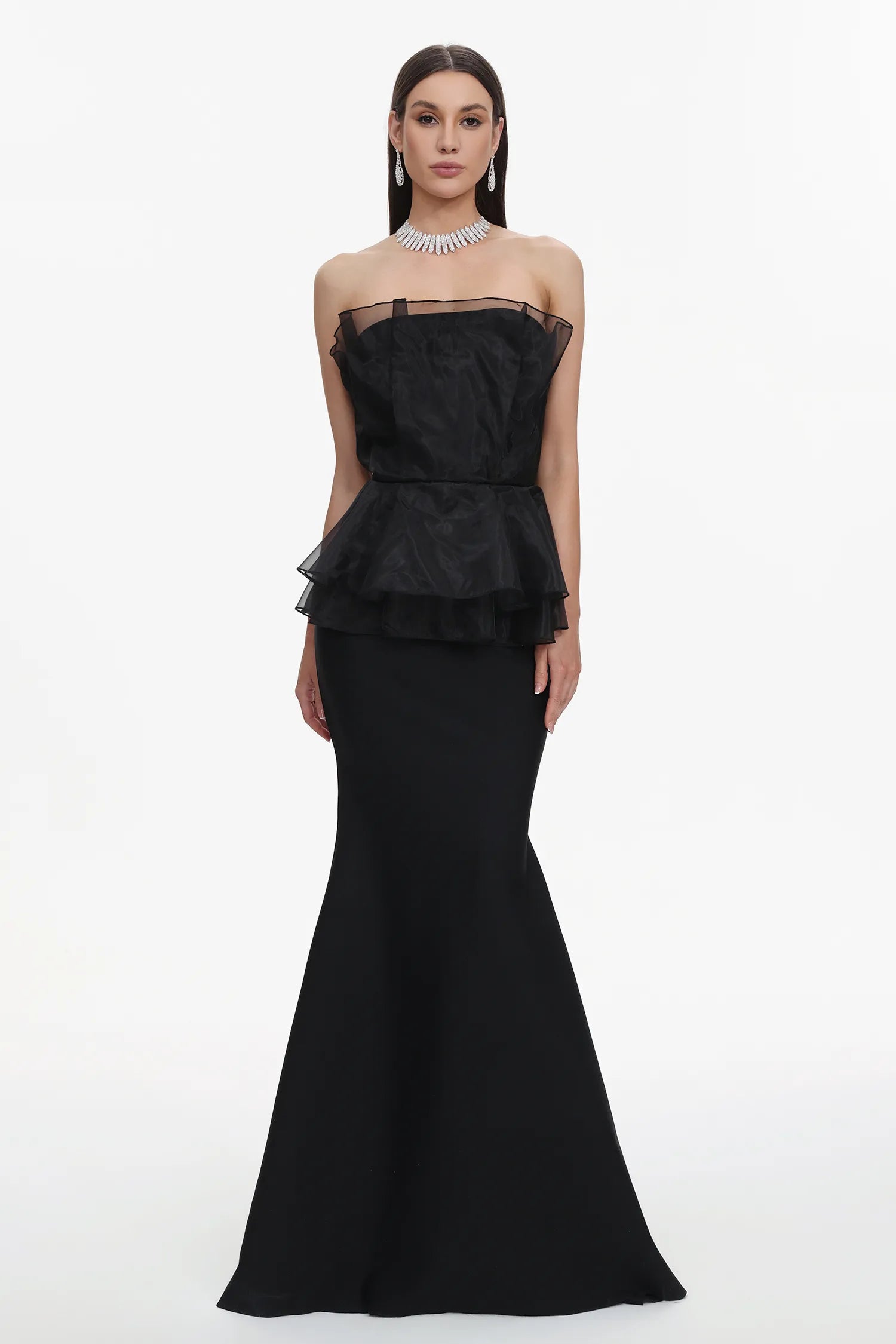 Black Strapless Ruffle Tulle Peplum Mermaid Maxi Evening Dresses