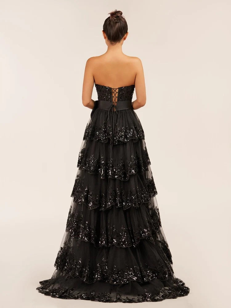 Black Strapless Sequin Tiered Tulle Bow Maxi Evening Dresses