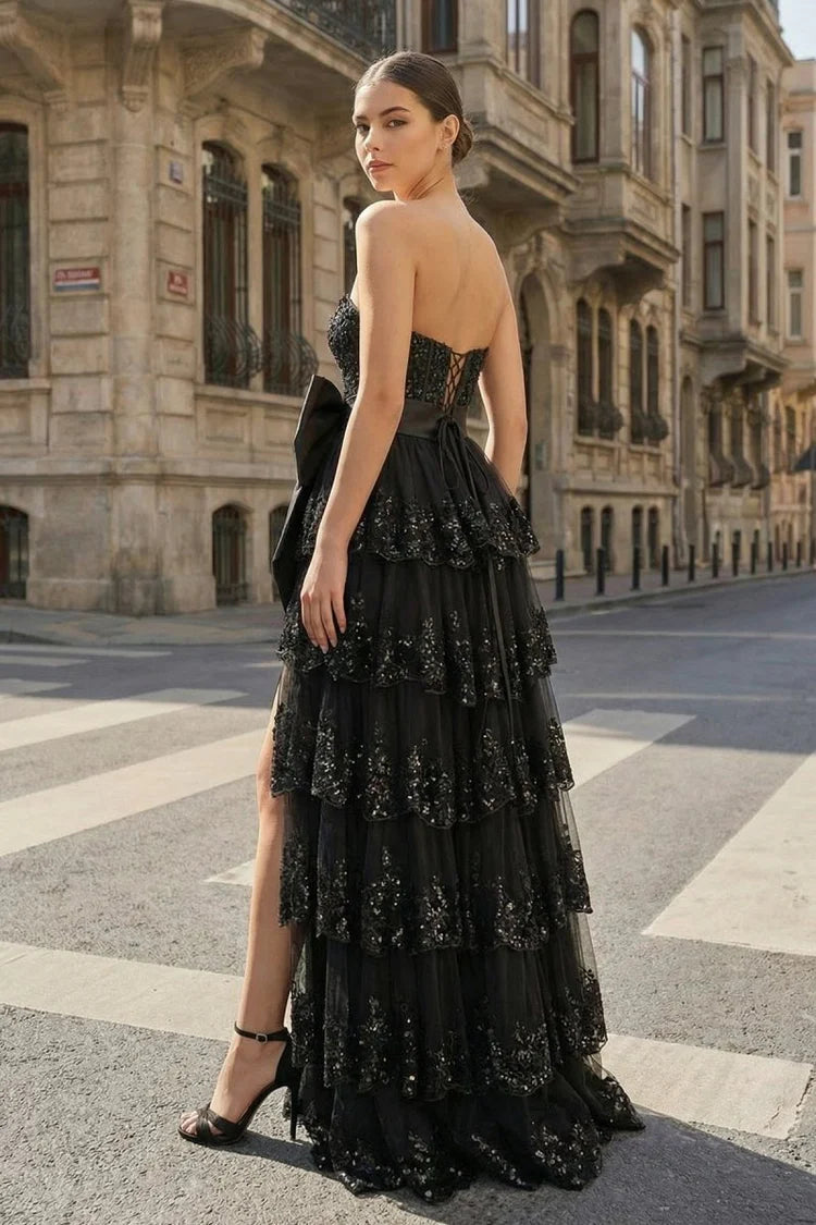 Black Strapless Sequin Tiered Tulle Bow Maxi Evening Dresses
