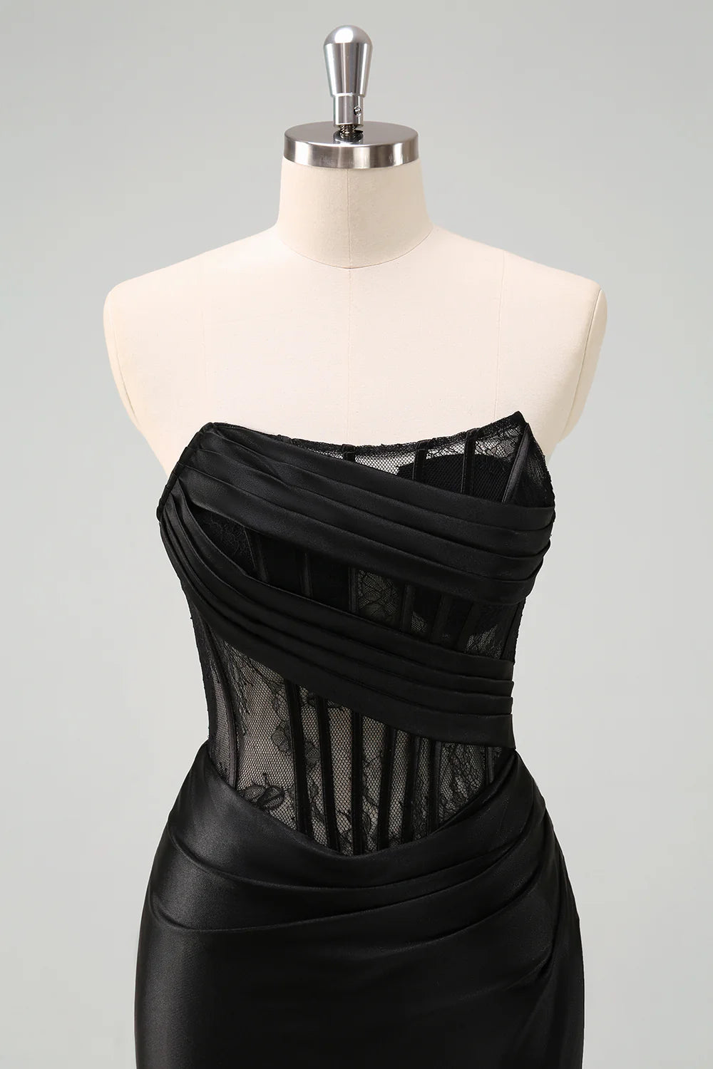 Black Strapless Sheer Corset Lace-Up Satin Mermaid Evening Dresses