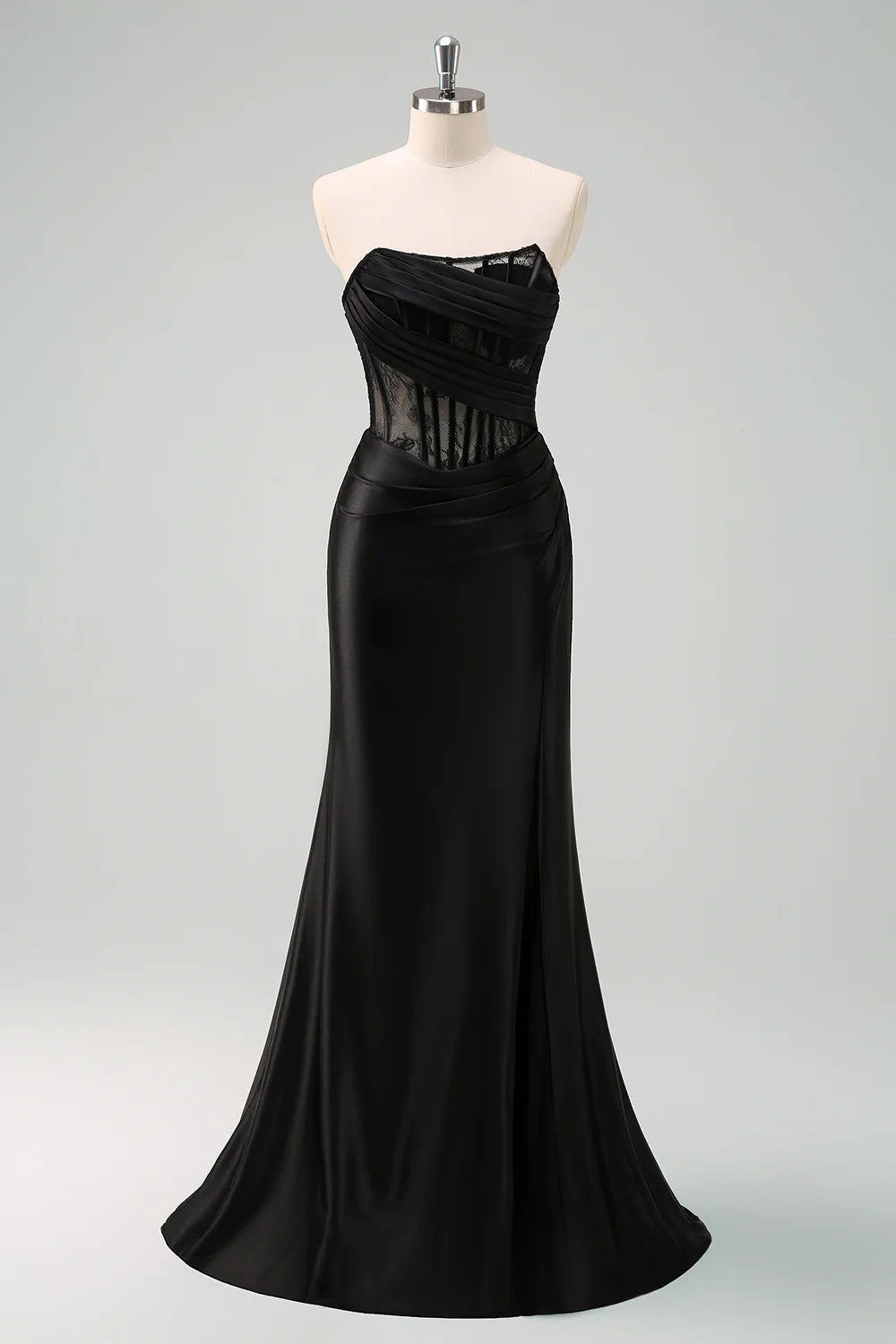 Black Strapless Sheer Corset Lace-Up Satin Mermaid Evening Dresses