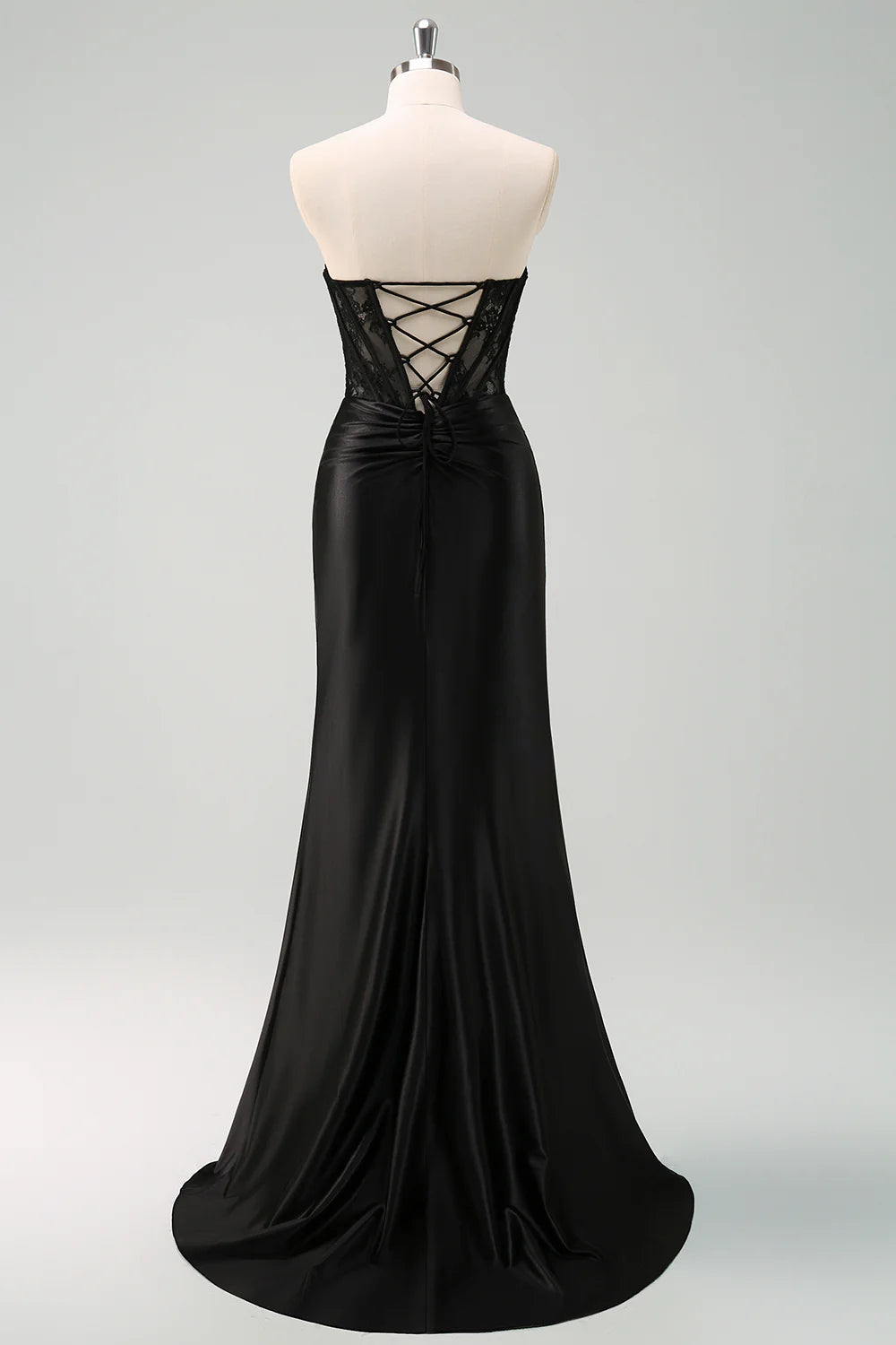 Black Strapless Sheer Corset Lace-Up Satin Mermaid Evening Dresses