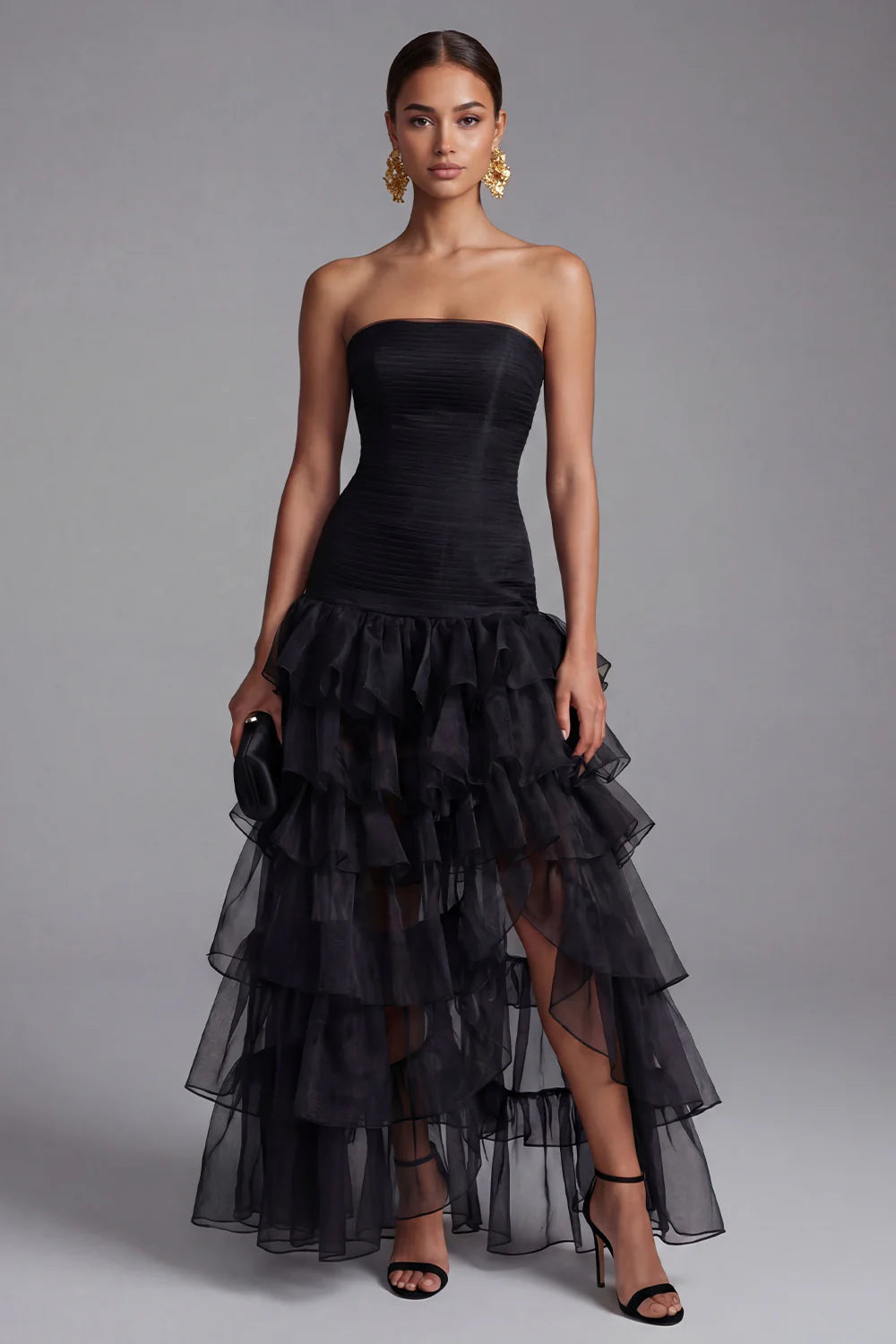 Black Strapless Tiered Ruffle Tulle Evening Dresses