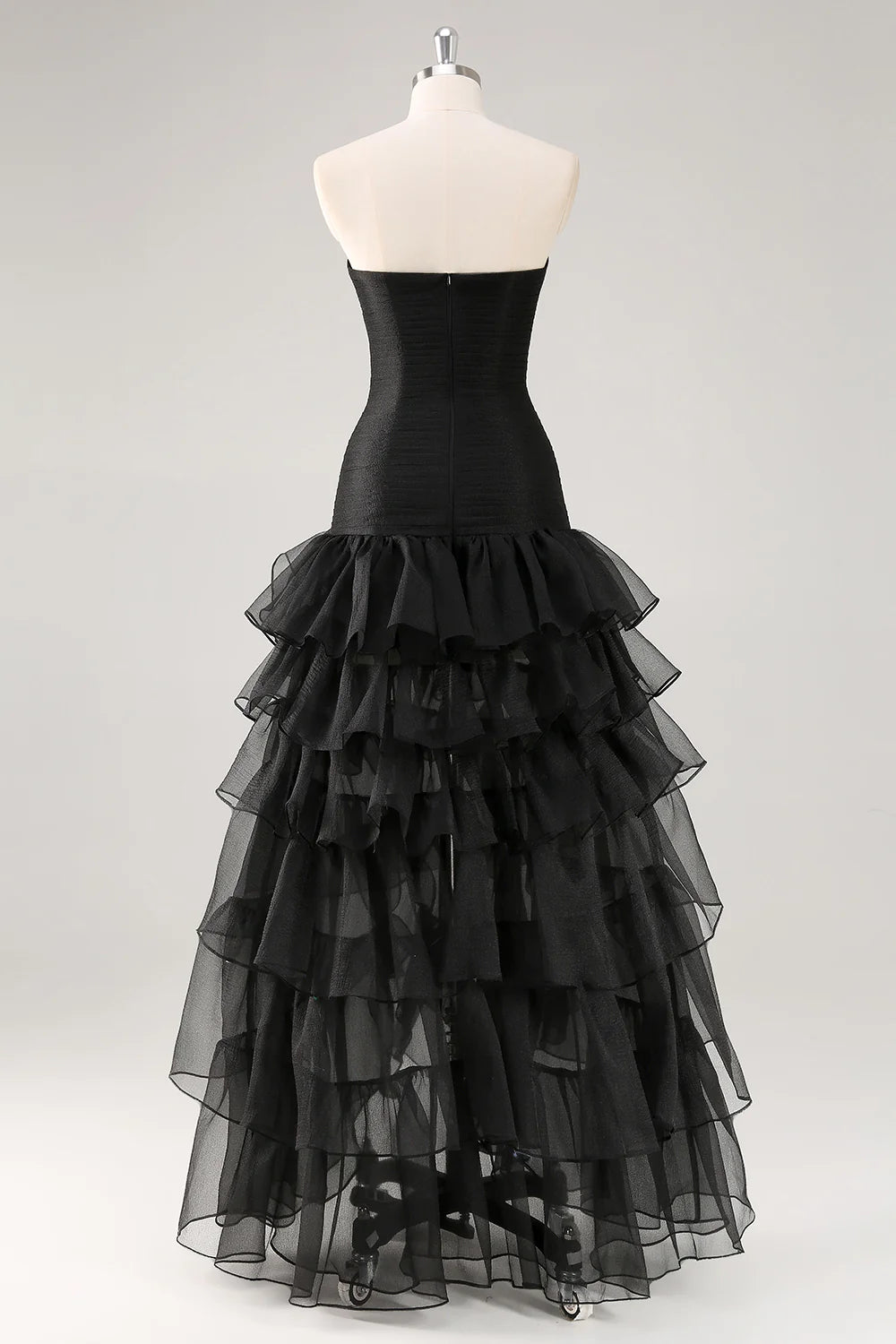 Black Strapless Tiered Ruffle Tulle Evening Dresses