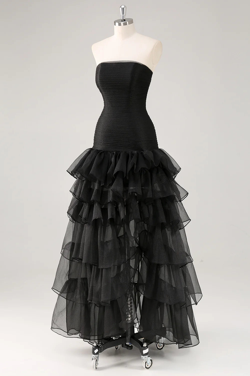 Black Strapless Tiered Ruffle Tulle Evening Dresses