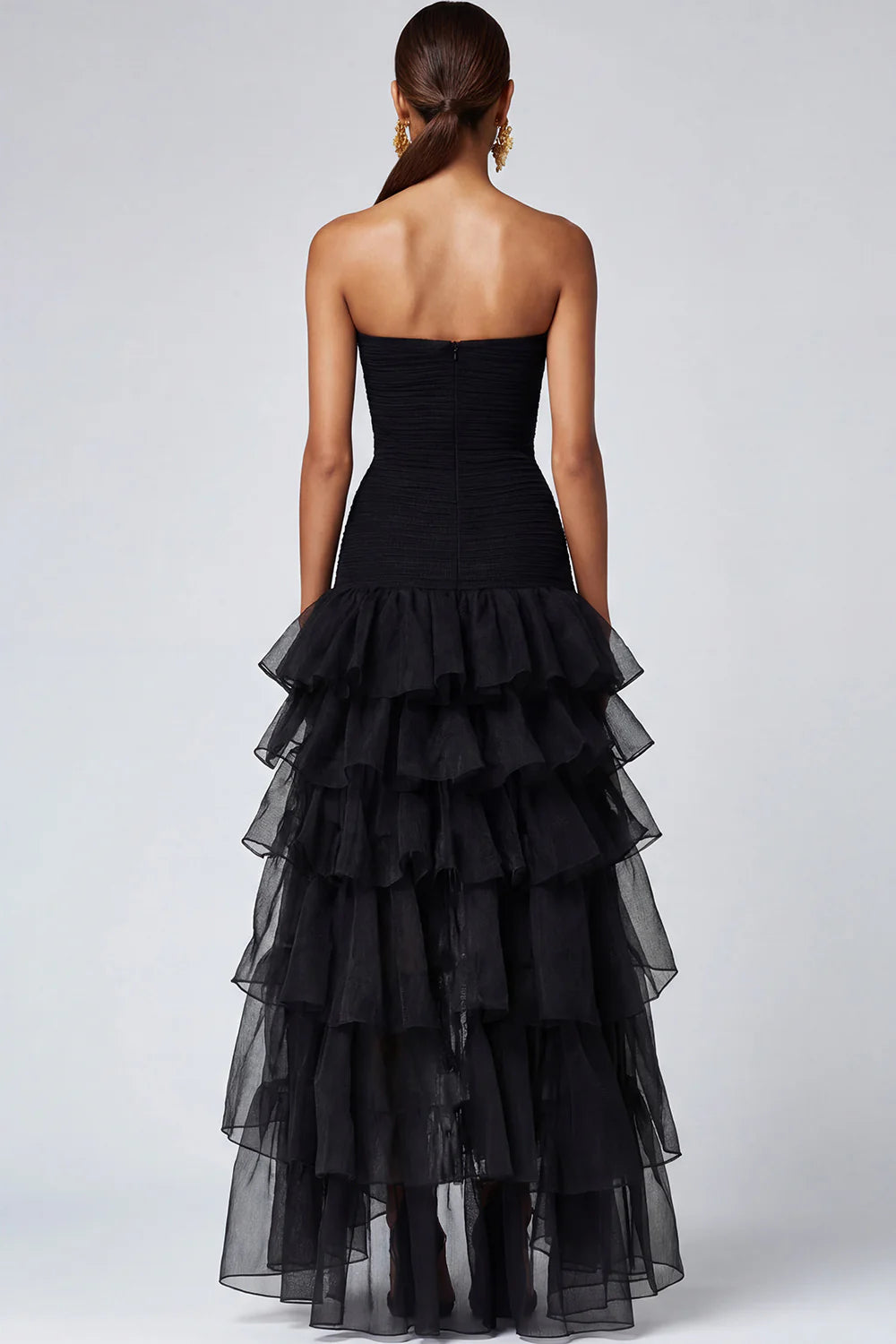 Black Strapless Tiered Ruffle Tulle Evening Dresses