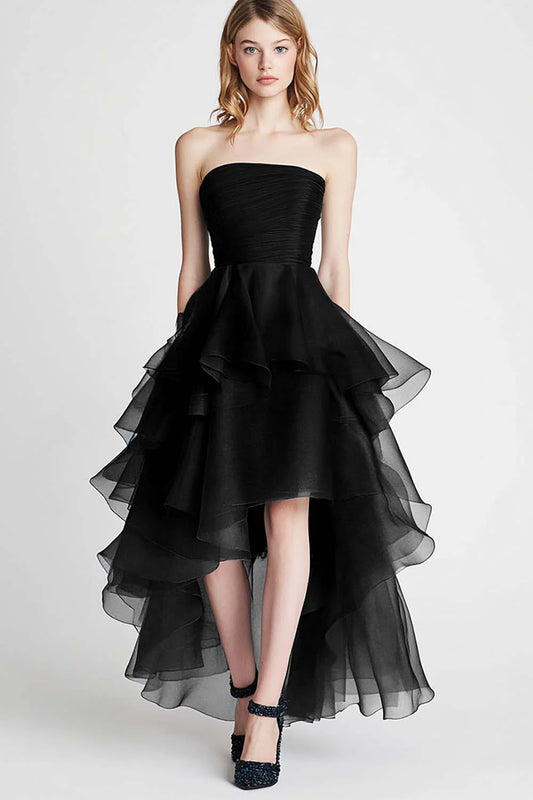 Black Strapless Tulle A Line High Low Formal Dress