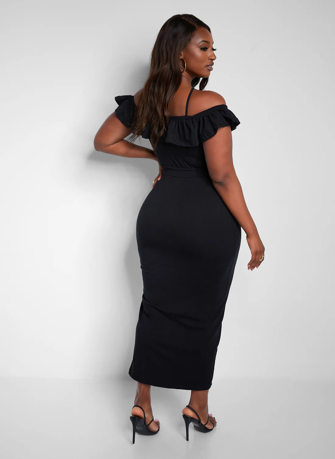 Black Strappy Cold Shoulder Ruffle Ruched Slit Midi Bodycon Dresses