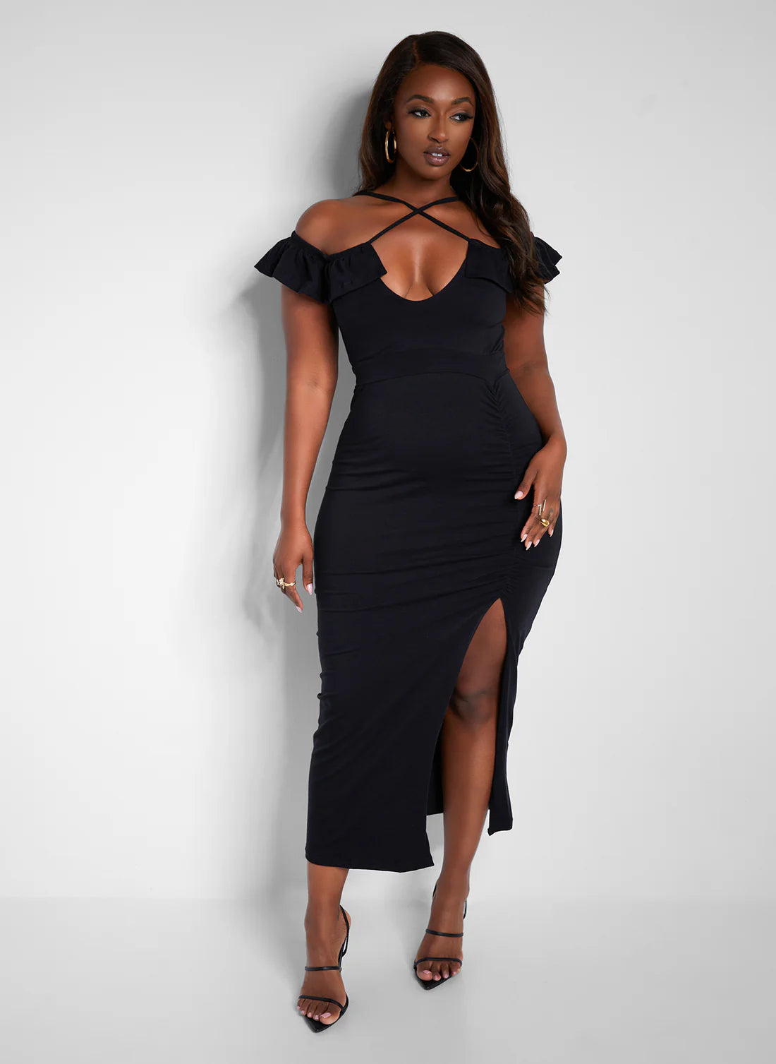 Black Strappy Cold Shoulder Ruffle Ruched Slit Midi Bodycon Dresses