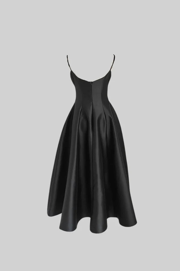 Black Sweetheart Spaghetti Strap A-Line Satin Midi Evening Dresses