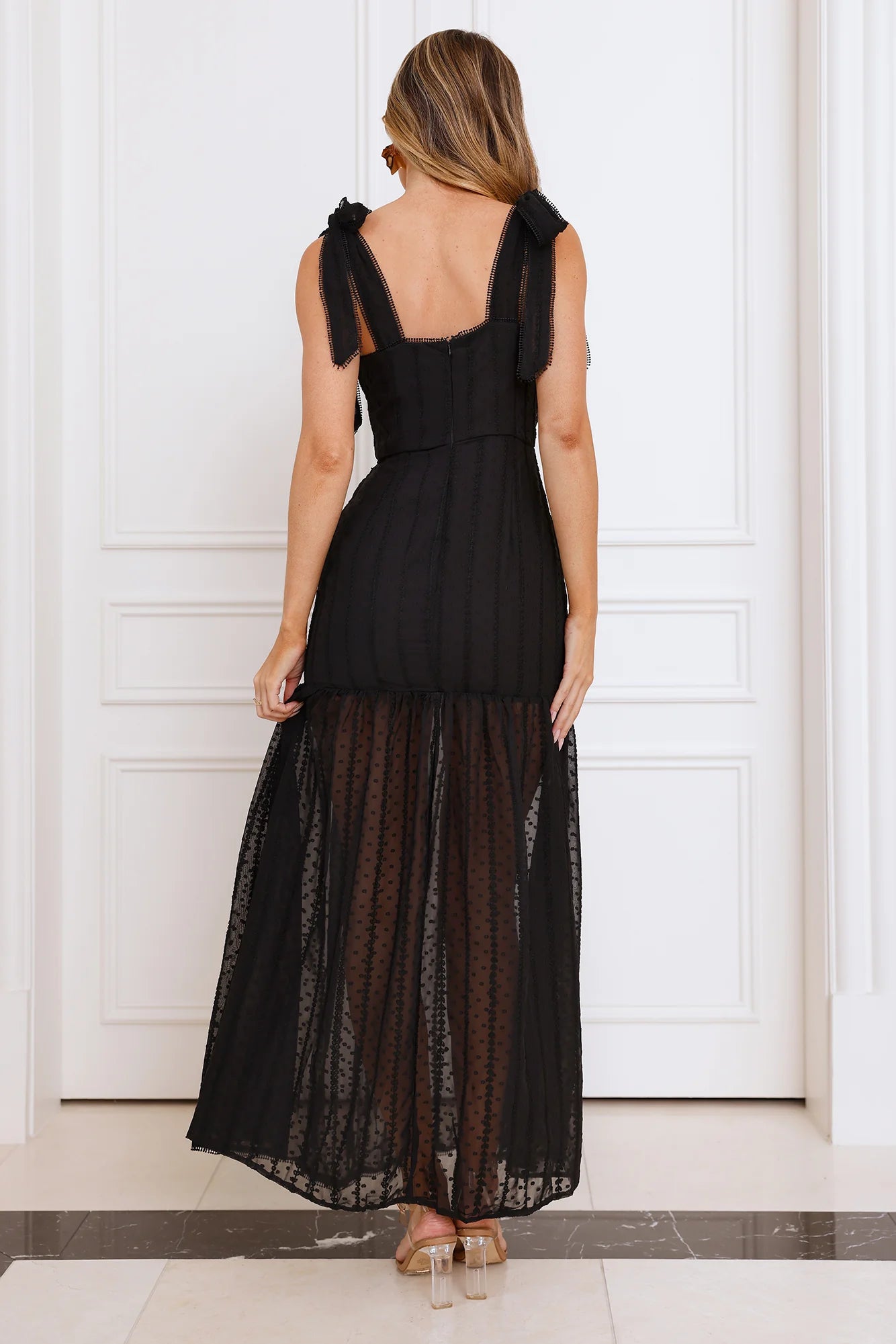 Black Swiss Dot Tie Strap Square Neck Maxi Dresses
