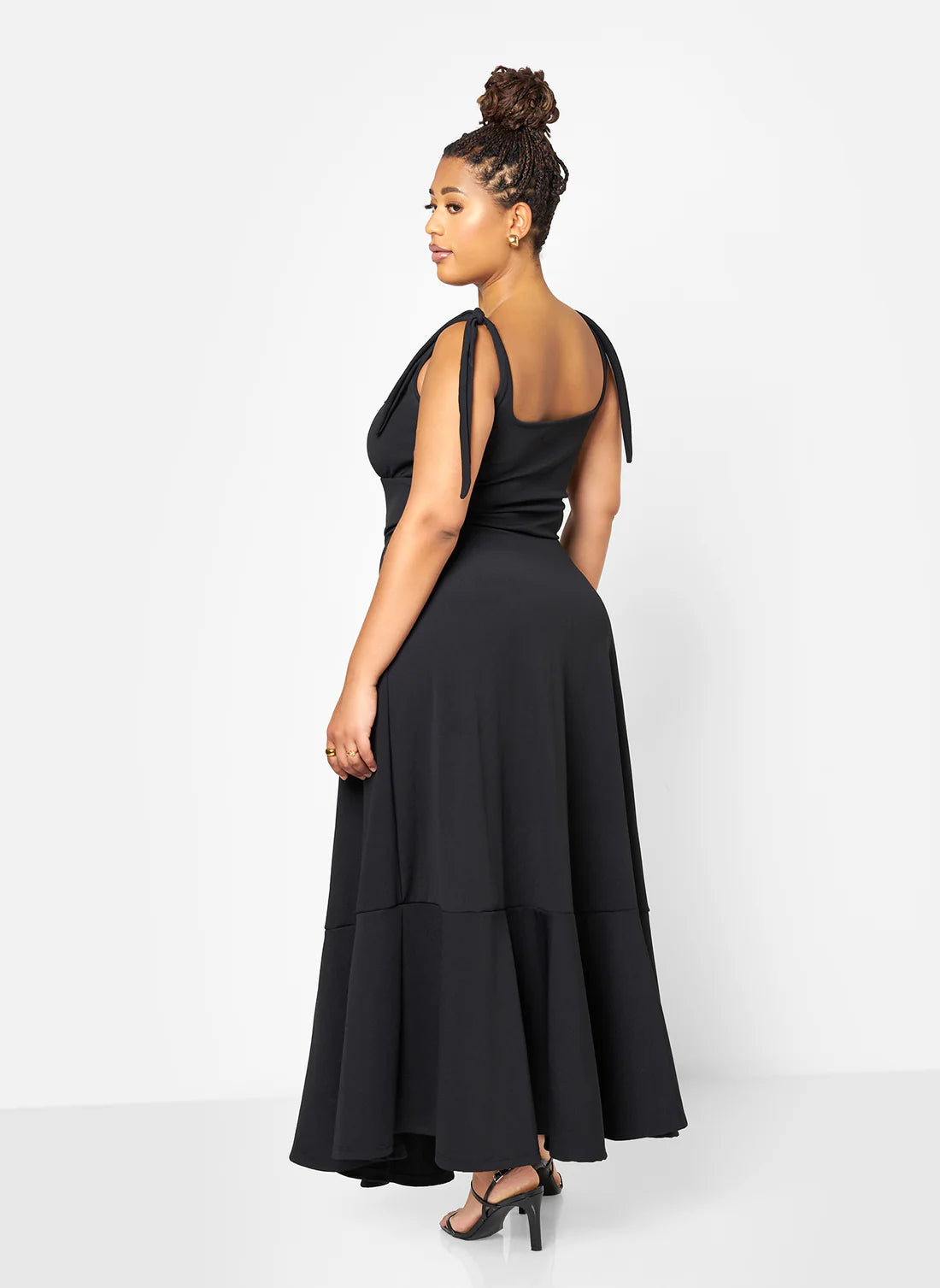 Black Tie Strap Square Neck Tiered Ruffle Maxi Evening Dresses