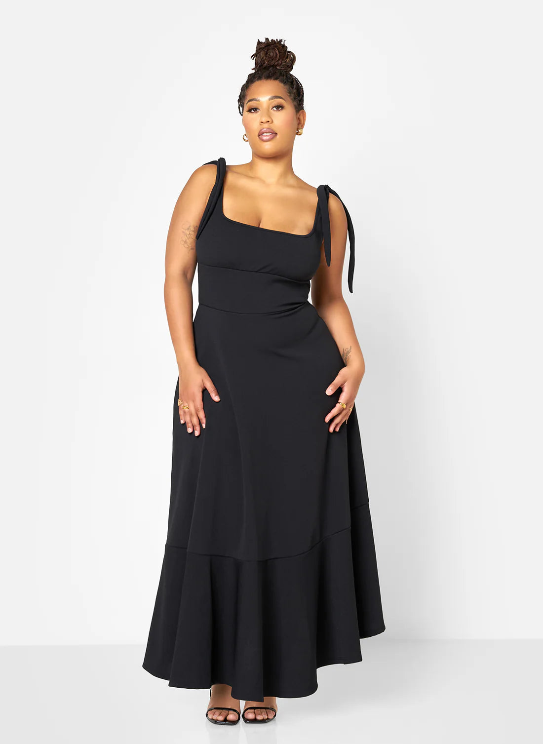 Black Tie Strap Square Neck Tiered Ruffle Maxi Evening Dresses