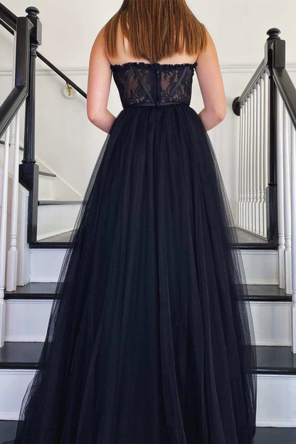 Black Tulle Strapless A-Line Long Prom Dress