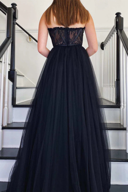 Black Tulle Strapless A-Line Long Prom Dress