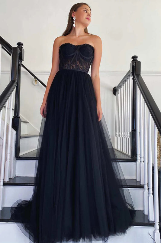 Black Tulle Strapless A-Line Long Prom Dress