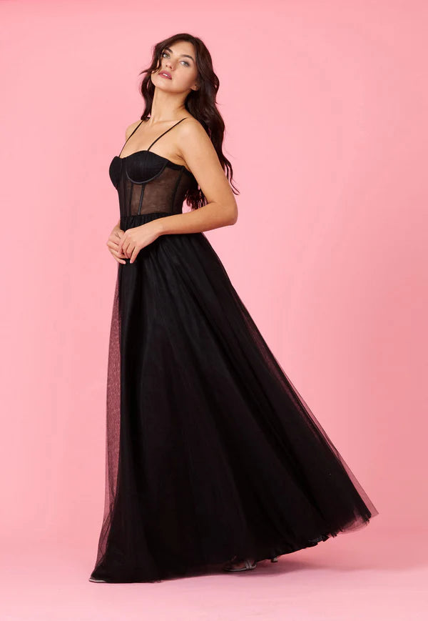 Black Tulle Strapless Corset Lace-Up Back Maxi Evening Dresses