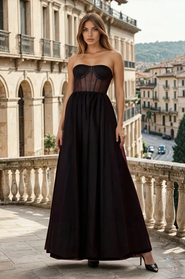 Black Tulle Strapless Corset Lace-Up Back Maxi Evening Dresses