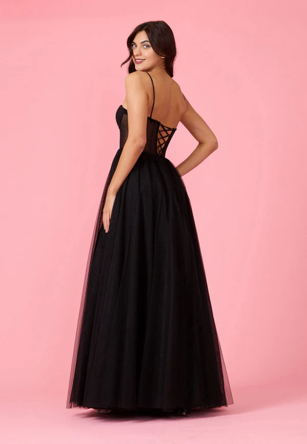 Black Tulle Strapless Corset Lace-Up Back Maxi Evening Dresses