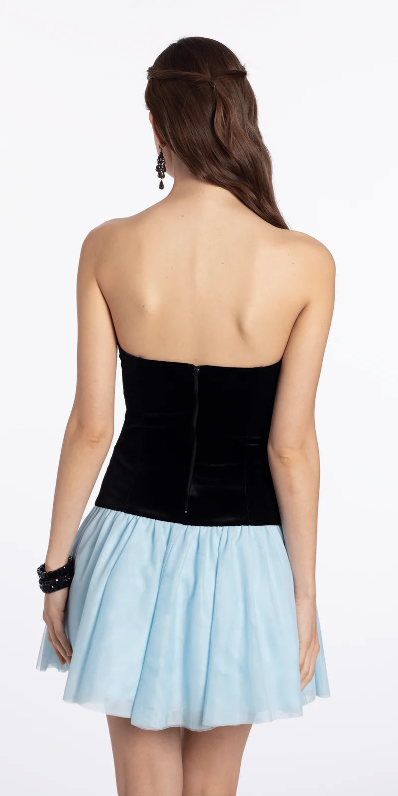 Black Velvet Bow Strapless Light Blue Tulle Mini Dress Homecoming Dresses