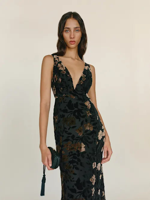 Black Velvet Floral Burnout Deep V Chain Back Maxi Prom Gown