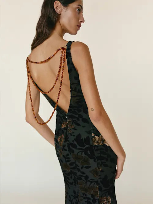 Black Velvet Floral Burnout Deep V Chain Back Maxi Prom Gown