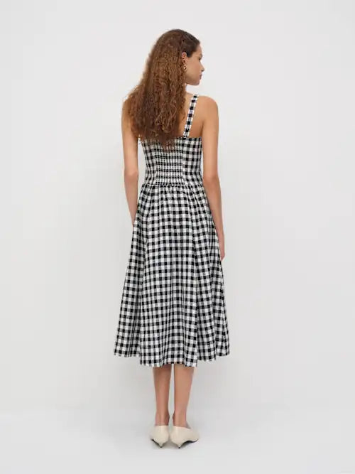 Black White Gingham Square Neck Wide Strap Midi Prom Dress