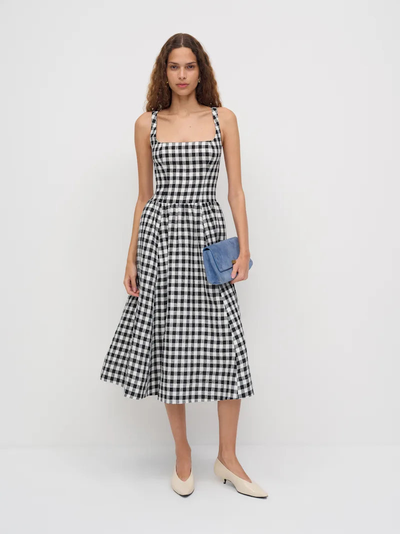Black White Gingham Square Neck Wide Strap Midi Prom Dress