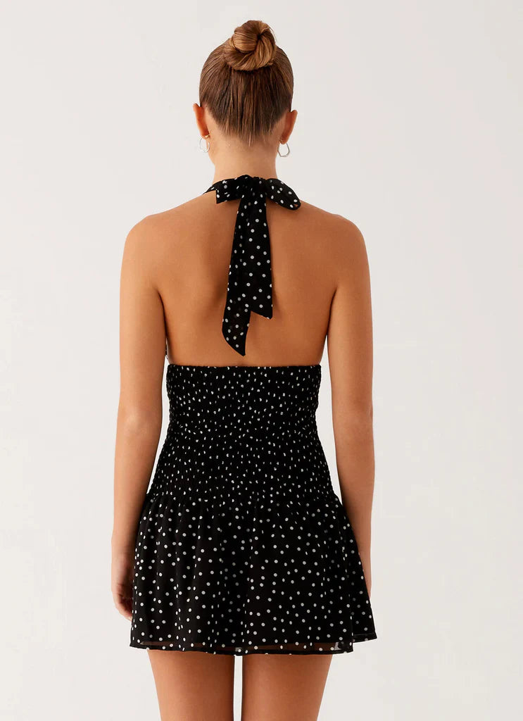 Black White Polka Dot Halter Neck Smocked Backless Mini Dress For Elegant Casual Party Events
