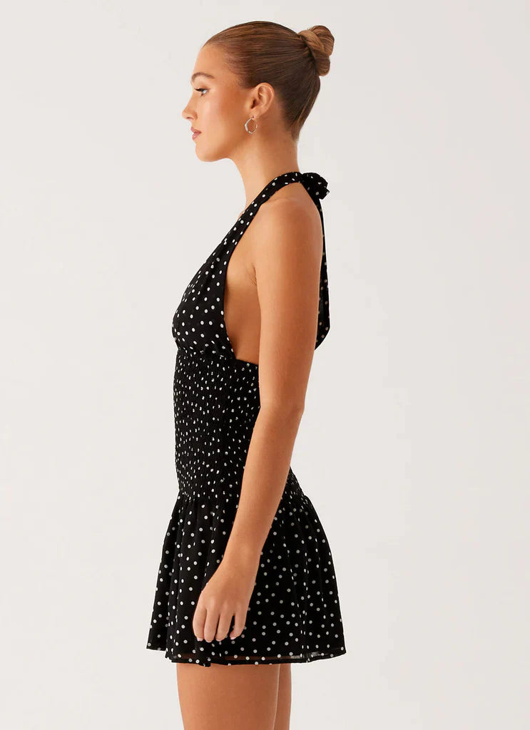 Black White Polka Dot Halter Neck Smocked Backless Mini Dress For Elegant Casual Party Events