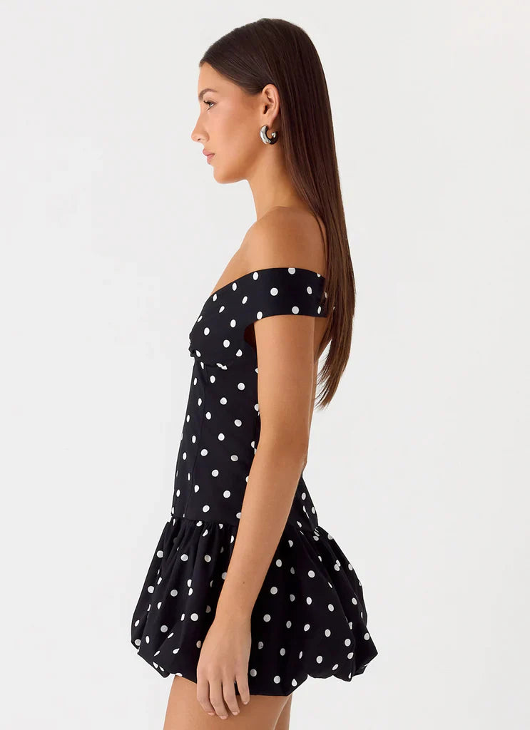 Black White Polka Dot Off The Shoulder Backless Mini Dress For Elegant Casual Party Events