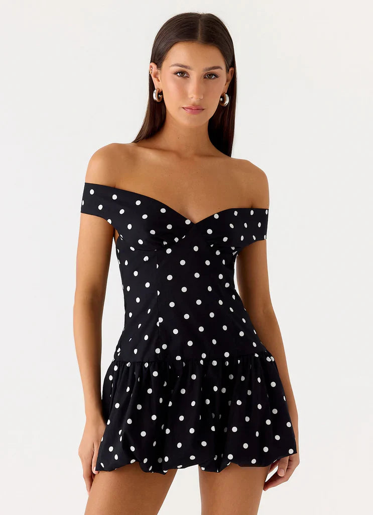 Black White Polka Dot Off The Shoulder Backless Mini Dress For Elegant Casual Party Events