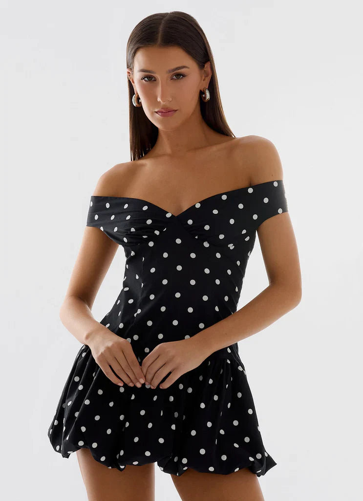 Black White Polka Dot Off The Shoulder Backless Mini Dress For Elegant Casual Party Events