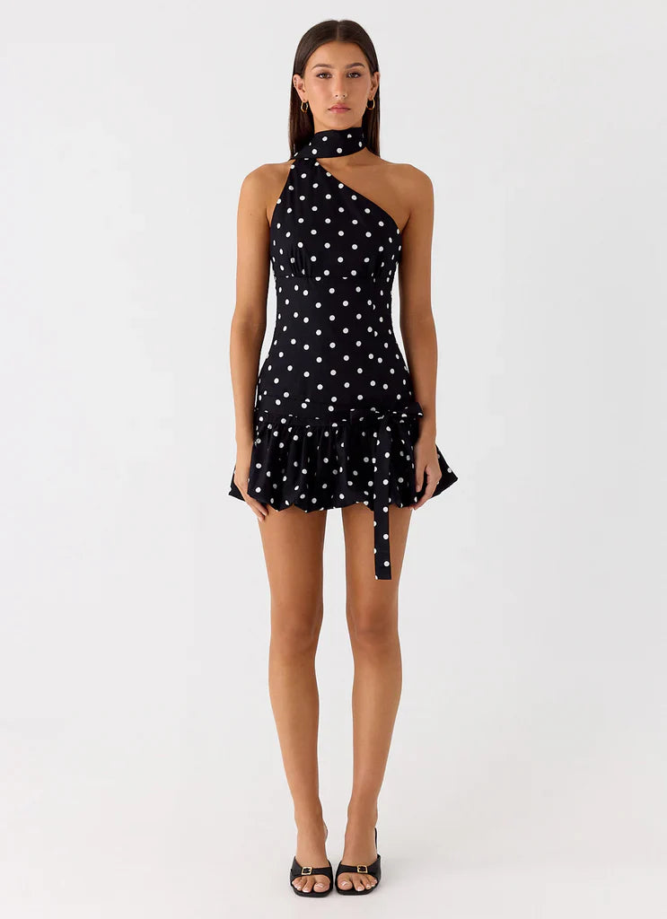 Black White Polka Dot One Shoulder Halter Neck Mini Dress For Elegant Casual Party Events
