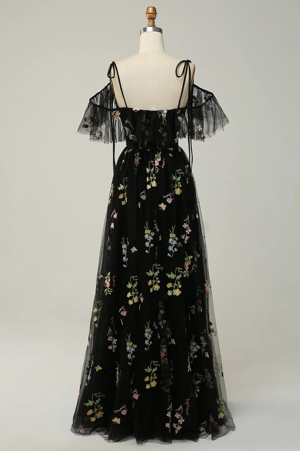 A-line shoulder V-neck long embroidered ball skirt with side slit