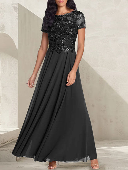 A-line short sleeved long bridal mother dress