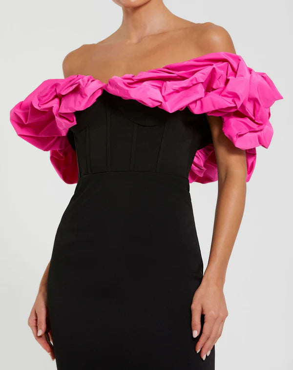Black & Hot Pink Off-Shoulder Ruffle Trim Corset Mermaid Maxi Evening Dresses