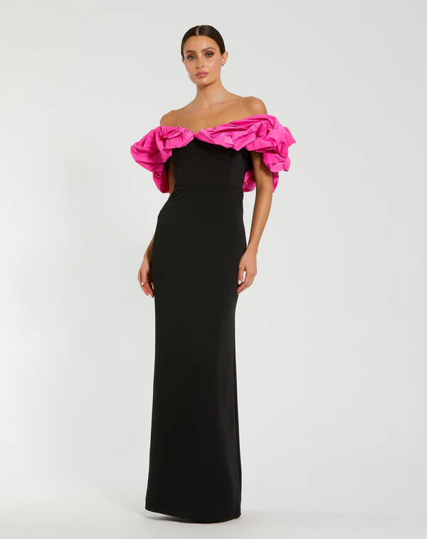 Black & Hot Pink Off-Shoulder Ruffle Trim Corset Mermaid Maxi Evening Dresses