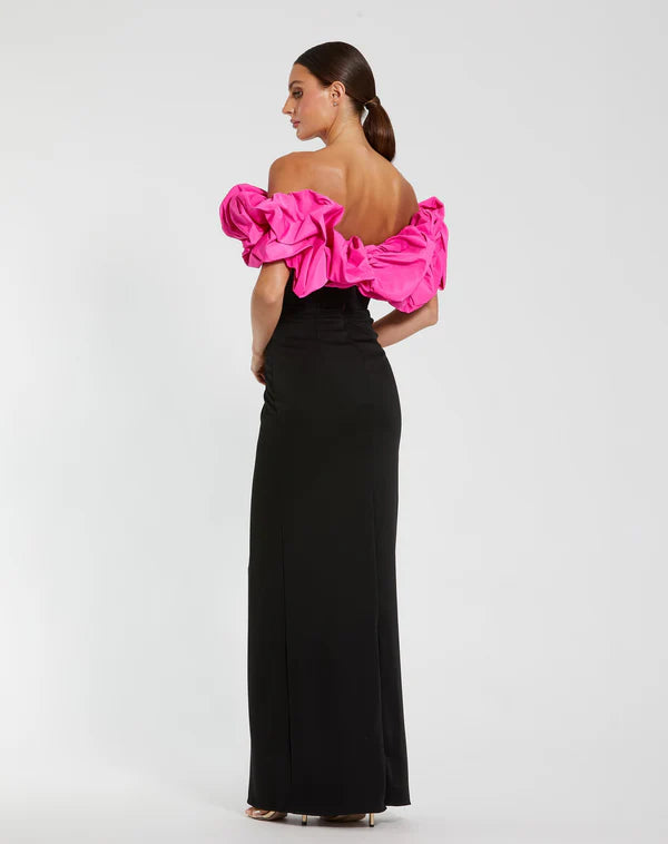 Black & Hot Pink Off-Shoulder Ruffle Trim Corset Mermaid Maxi Evening Dresses
