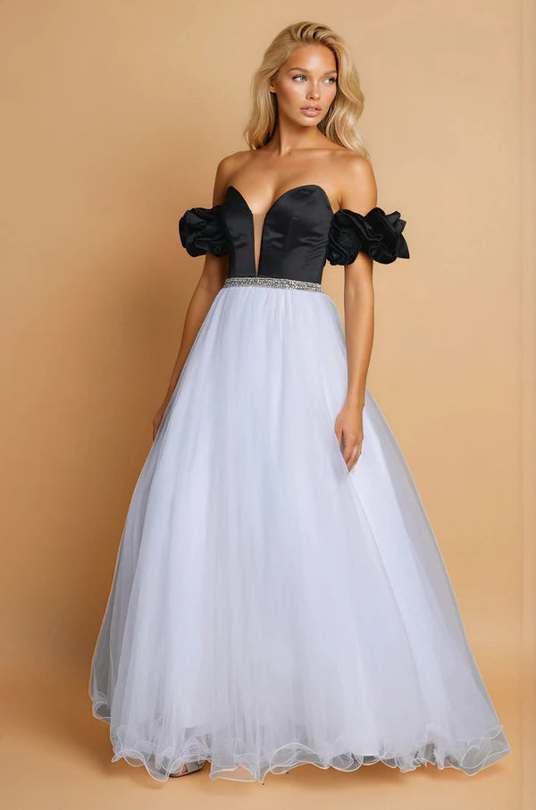 Black & White Color Block Off-the-Shoulder Beaded Waist Tulle Maxi Evening Dresses
